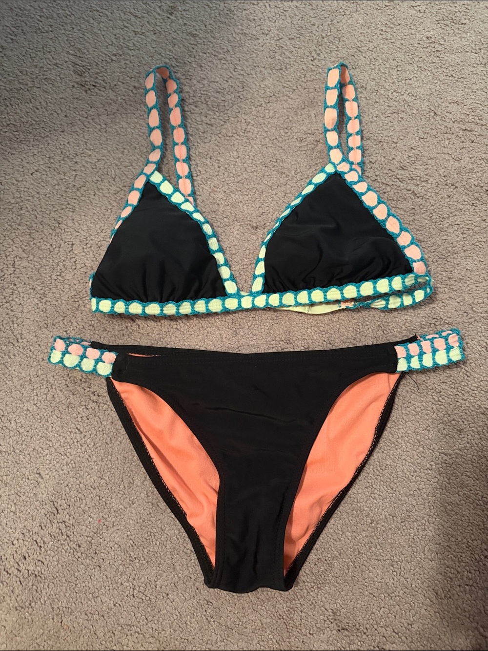 Xhilaration Black Bikini with Coral and Light Green Details